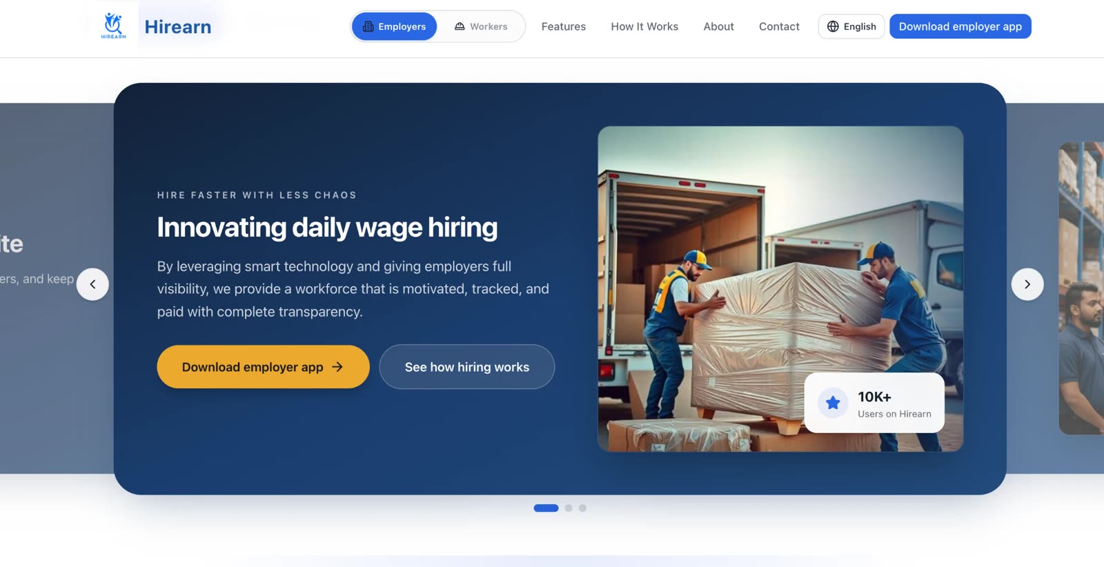 Hirearn home page: daily wage hiring for employers